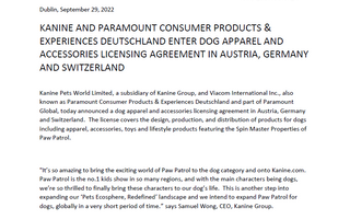 KANINE AND PARAMOUNT SIGN PAW PATROL LICENSE FOR DOG APPAREL AND ACCESSORIES