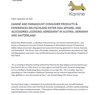 KANINE AND PARAMOUNT SIGN PAW PATROL LICENSE FOR DOG APPAREL AND ACCESSORIES